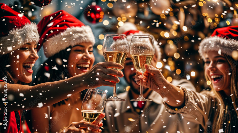 © engkiang - Group of friends celebrating Christmas and New Year together, drinking champagne, having fun and having fun.