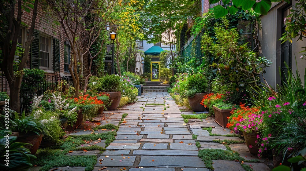 A tranquil garden courtyard with stone pathways and blooming flowers