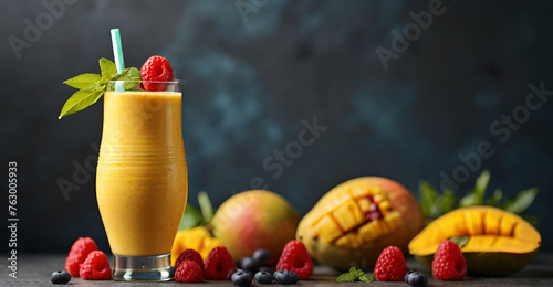 Mango smoothie with mint flavors and fresh barriers in a darak background ai generative photo