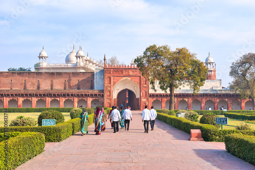 Agra, India - March 16 2024: Mughal architecture at Agra Fort, Agra India. This Fort is a historical fort in the city of Agra, and also known as Agra's Red Fort. photo