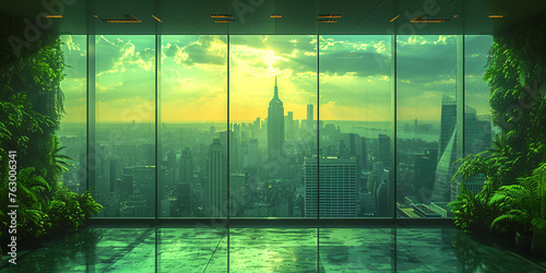 Panoramic View of a Majestic Cityscape at Sunset from a Modern High-Rise Building with Lush Greenery