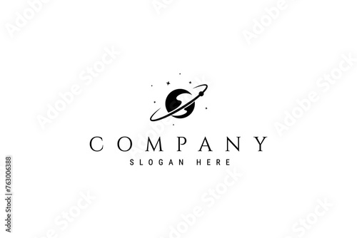 abstract planet with an orbit in outer space line art vector illustration logo design photo