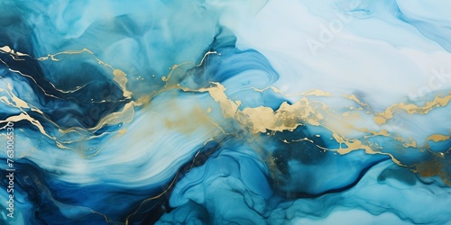 白背景にアルコールインクアート風の濃い青緑の流動体に金色の装飾がある抽象横長バナー