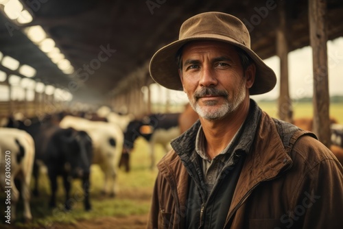 breeder male cattle farmer with cows background.