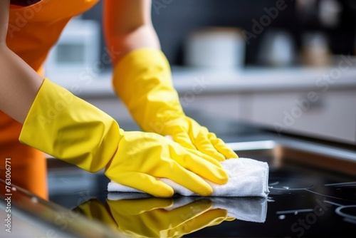Female hands in yellow rubber gloves wipe a ceramic stove, home cleaning concept