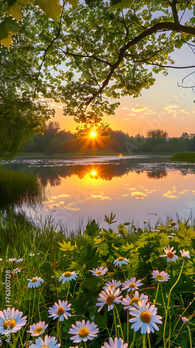 Sunset Symphony: A Scenic Panorama Of Pastel Skies Reflecting On Serene Lake Surrounded By Blooming Meadow