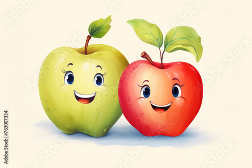 Cute smiling cartoon fruit characters, green and red apple friends, isolated on white background