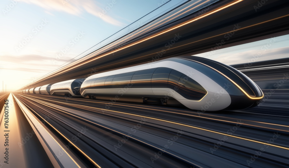 Futuristic train speeding along tracks with motion blur and sunrise in the background,ai generated