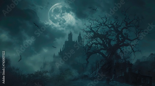 Castle In Spooky scary dark Night full moon. Holiday event halloween background