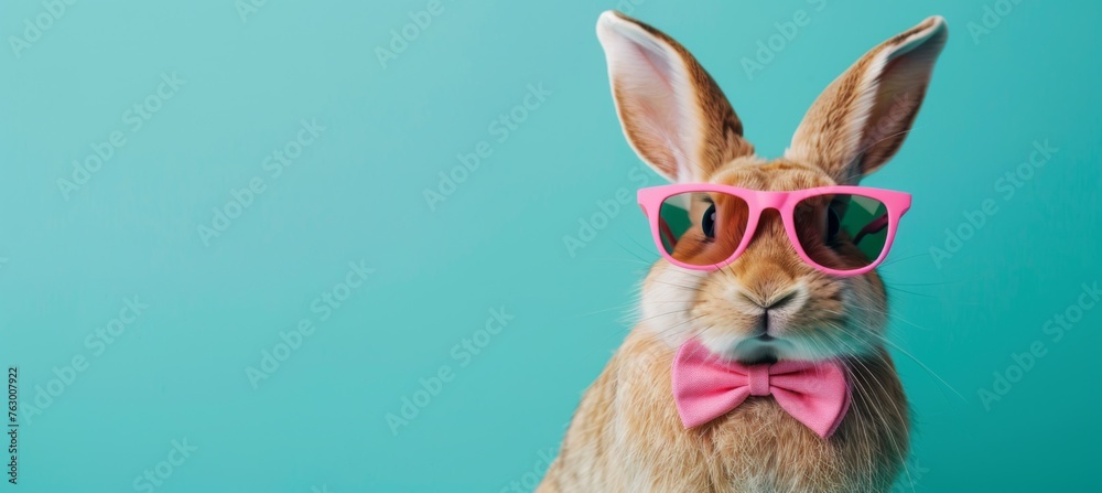 Portrait of a funny rabbit in pink sunglasses and a bow tie on a turquoise background with copy space for your design