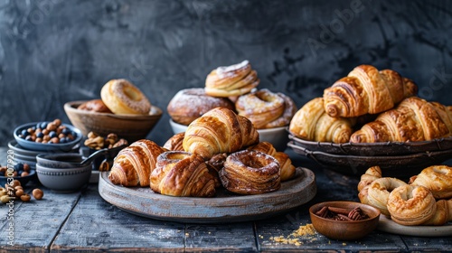 Table full of delicious croissants, doughnuts, sweet breakfast