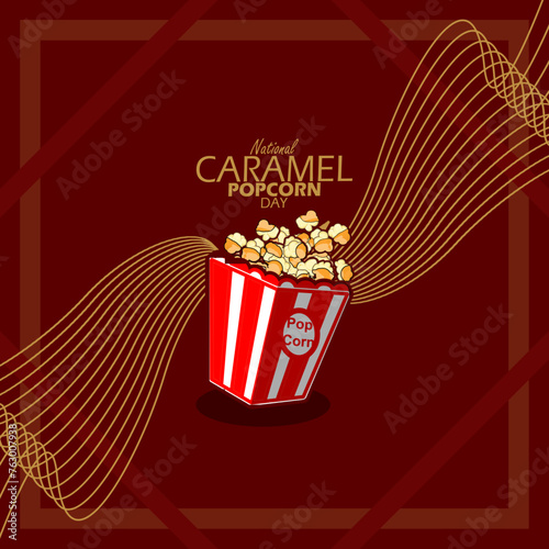 National Caramel Popcorn Day event banner. A box of caramel popcorn and wavy lines in frame on dark red background to celebrate on April 6th