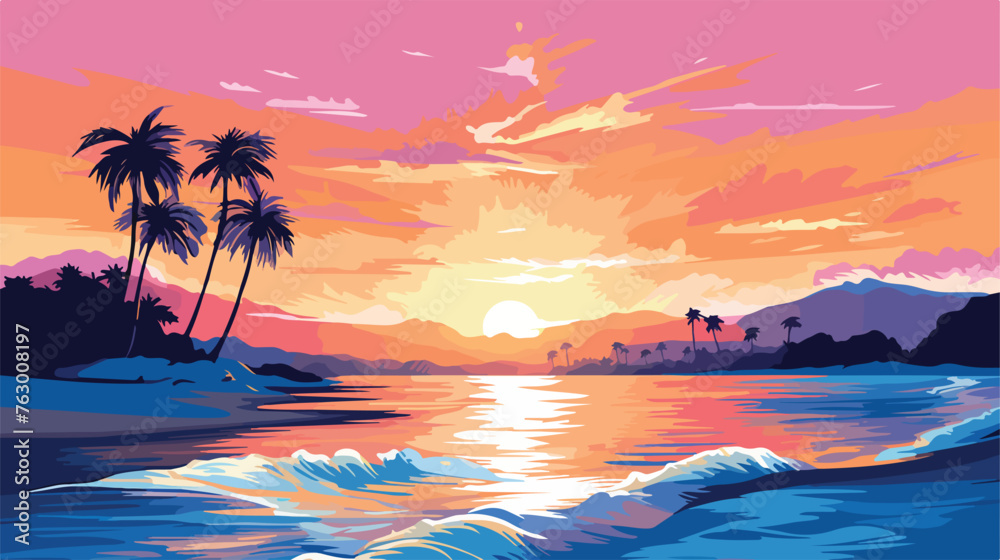 A serene beach at sunset with vibrant colors. flat vector