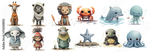 Adorable Collection of Illustrated Animals in Cute Outfits, Perfect for Children’s Books, Wall Art, and Educational