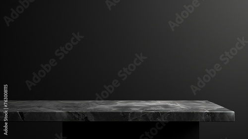 Empty Marble Black Table Countertop Elegantly Presented Against a Black Background. Minimalist Sophistication Concept.