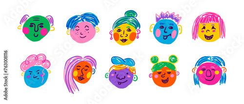 People colorful face set. Funny portraits, modern abstract character in doodle style. Vector hand drawn illustration