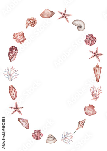 Oval seashell wreath. Underwater world illustration.Colorful seashell, detailed, with lots of objects background. All objects separate. Cartoon watercolor doodles