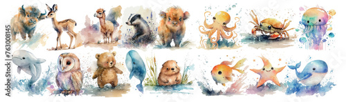 Watercolor Illustration Safari Animal banner. Cute characters isolated on white background, vector illustration set