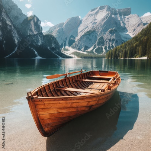 Old wooden boat sits on tranquil water of mountain lake  © robfolio