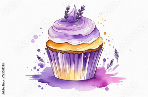 Watercolor, lavender cupcake, muffin decorated with lavender flowers, isolated on white background