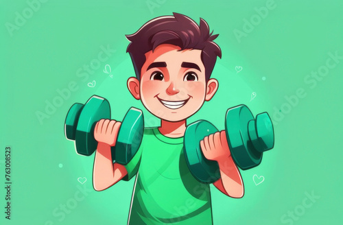 Cartoon illustration of a smiling boy in green shirt with dumbbells on a green background