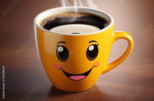 Cartoon character yellow cup of coffee with steam, smiling mug, breakfast concept