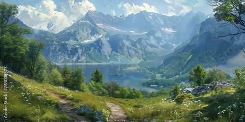 landscape with a serene lake, lush greenery, and mountain range © Nataliia