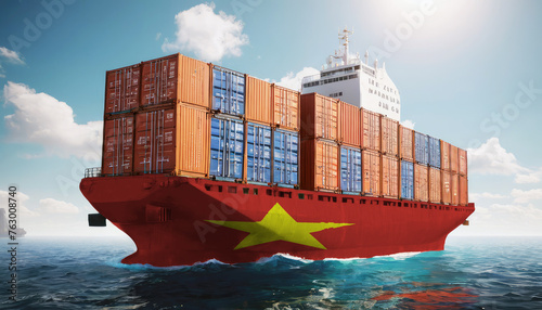 Ship with Vietnam flag. Sending goods from Vietnam across ocean. Vietnam marine logistics companies. Transportation by ships from Vietnam.