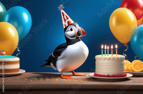Cute cartoon puffin Happy Birthday greeting card, little puffin bird in a bday hat and cake with candles