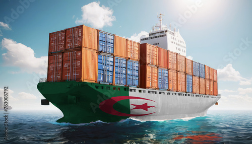 Ship with Algeria flag. Sending goods from Algeria across ocean. Algeria marine logistics companies. Transportation by ships from Algeria.
