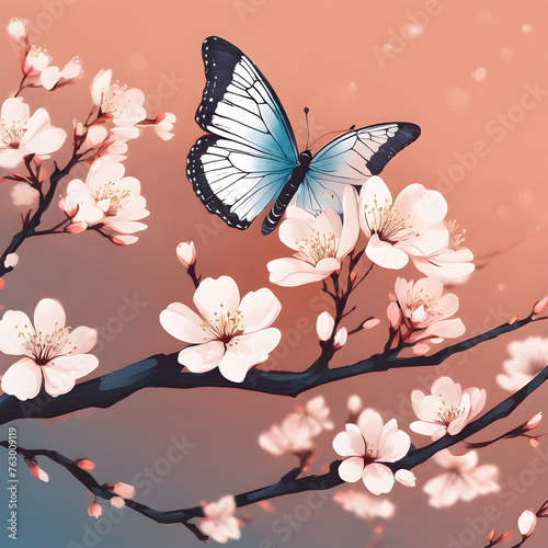 Cluster of White Cherry Blossoms on Dark Branch with Blue Butterfly, Peach Background © marisamanee