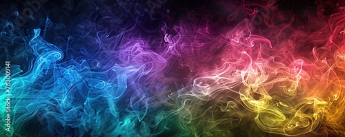 Abstract thin streams of colorful multi-colored smoke, chaotically intertwining with each other on black background