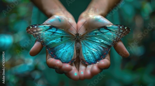 Expressing delicacy and care in the natural world, open hands tenderly cradle a Blue Morpho butterfly with its iridescent wings, capturing a moment of serene beauty.