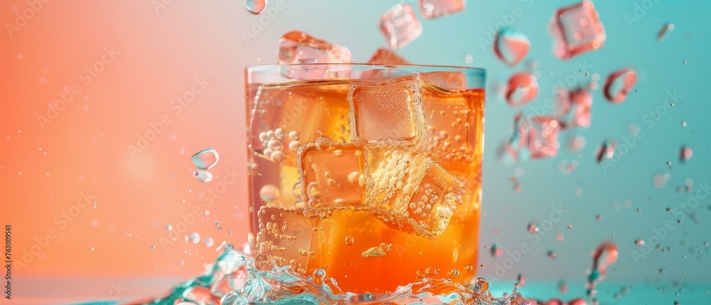 A glass of juice, vibrant and inviting, with jelly and ice cubes floating within, a simple yet captivating delight A glass of juice, vibrant and inviting, with jelly and ice cubes floating within, a simple yet captivating delight