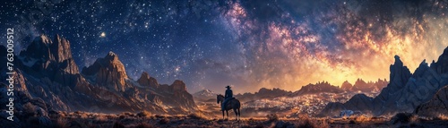 A cowboy rides towards a distant town, mountain peaks rising behind, under a vast, starry night sky.