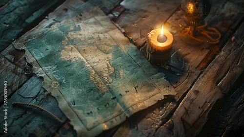 A flickering candle casts light on a map strewn across a wooden table. photo