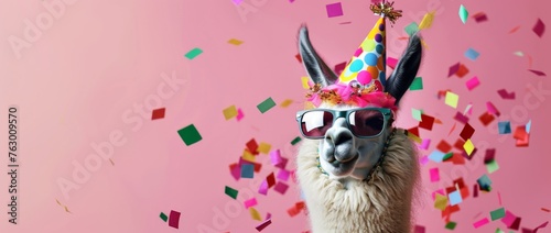 lama wearing sunglasses and a colorful birthday hat  with confetti flying around on a pink background