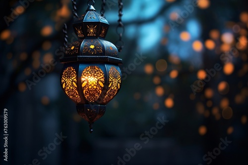 a lantern with a lit candle photo