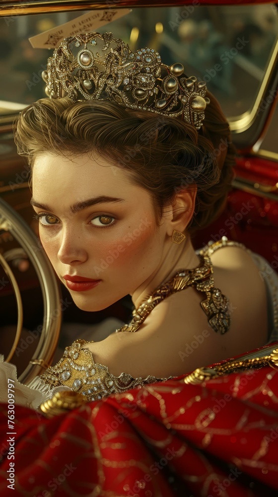 A young queen in a lavish car, a reflective gaze, hints of a royal tale.
