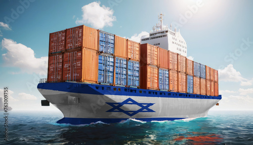 Ship with Israel flag. Sending goods from Israel across ocean. Israel marine logistics companies. Transportation by ships from Israel.