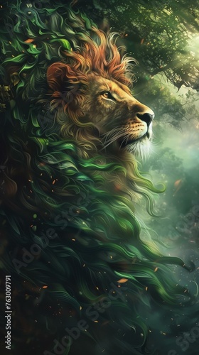 Amidst the forest's embrace, a lion shows up, a silent yet powerful force in the verdant wilderness