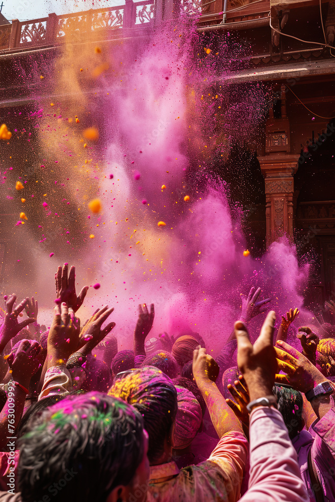People smeared with colored powder celebrate Holy