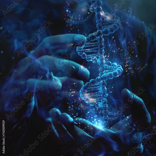 A man interacts with a DNA hologram in his hand. Futuristic medical technoloogy.