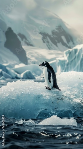 In the cold embrace of an iceberg near an island  a penguin stands as a sentinel of the untamed wilds