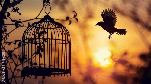 Silhouette of a bird flying near its cage with the setting sun background, symbolizing liberation and new beginnings.