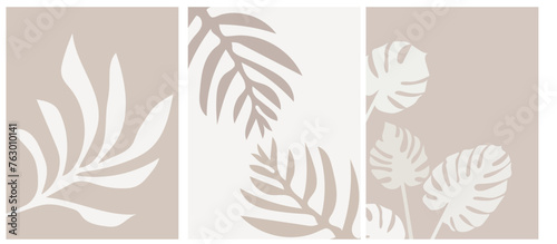 a collection of modern simple minimalist abstraction posters in the style of tropical plants (monstera, palm leaves in beige shades on a colored background