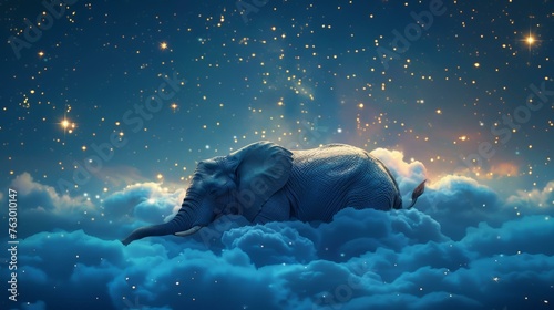 Surreal dreamscape with a giant elephant resting on a cloud bed, surrounded by glowing stars and gentle night glow