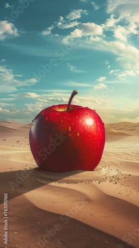 Surreal vision of an apple as a vibrant oasis in a vast desert, offering nourishment and hope to travelers