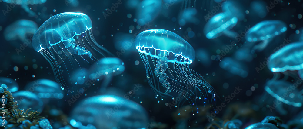 dark underwater scene illuminated by the gentle glow of bioluminescent ...