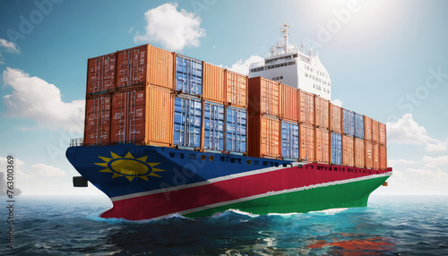 Ship with Namibia flag. Sending goods from Namibia across ocean. Namibia marine logistics companies. Transportation by ships from Namibia.